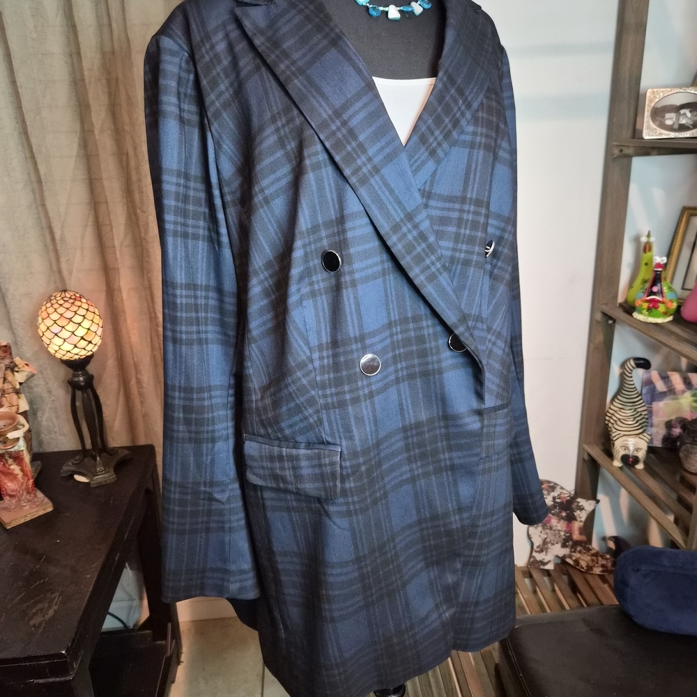 Lane Bryant Double Breasted Blue & Black Blazer w/ Black & Silver Buttons #0333